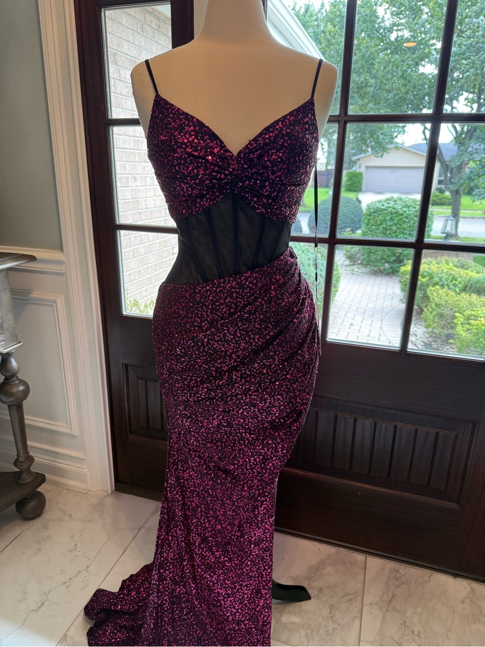 Fuchsia And Black Sequin Spaghetti-Strap Evening Gown